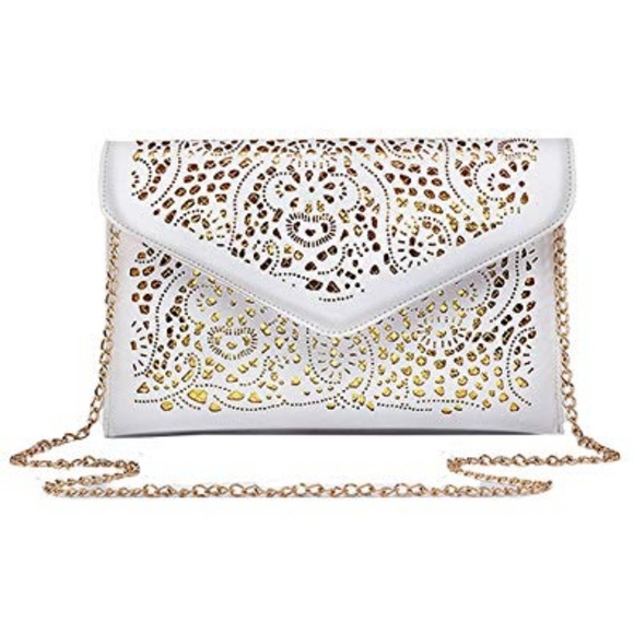 Women's White and Gold Envelope Clutch Purse - Picture 5 of 6